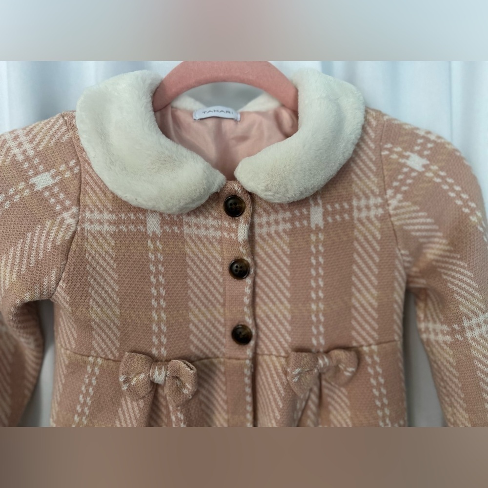 Tahari Girls' Pink Plaid Faux Fur Collar Dress Coat (1096) - Picture 7 of 13